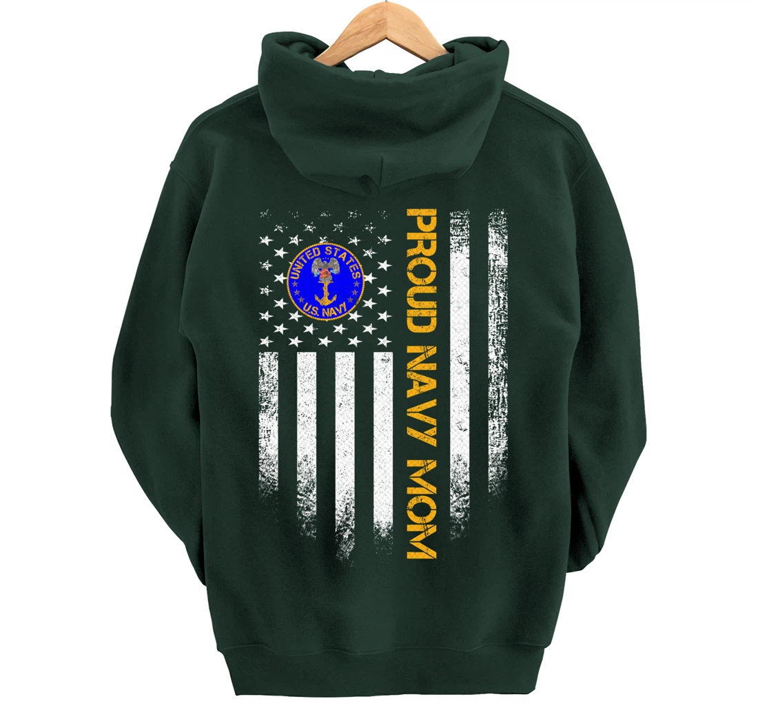 Vintage USA American Flag Proud US Navy Veteran Mom Funny Pullover Hoodie