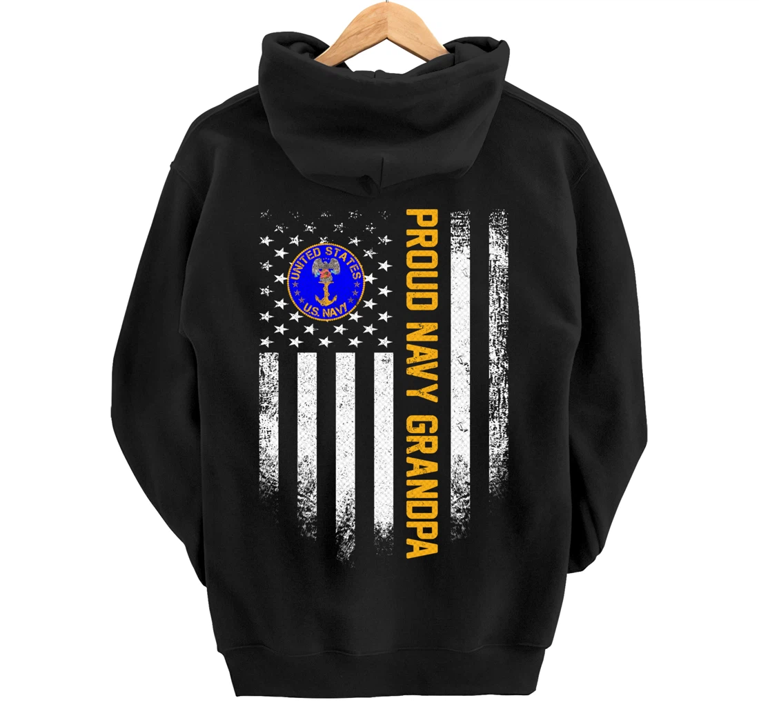 Vintage USA American Flag Proud US Navy Veteran Grandpa Gift Pullover Hoodie