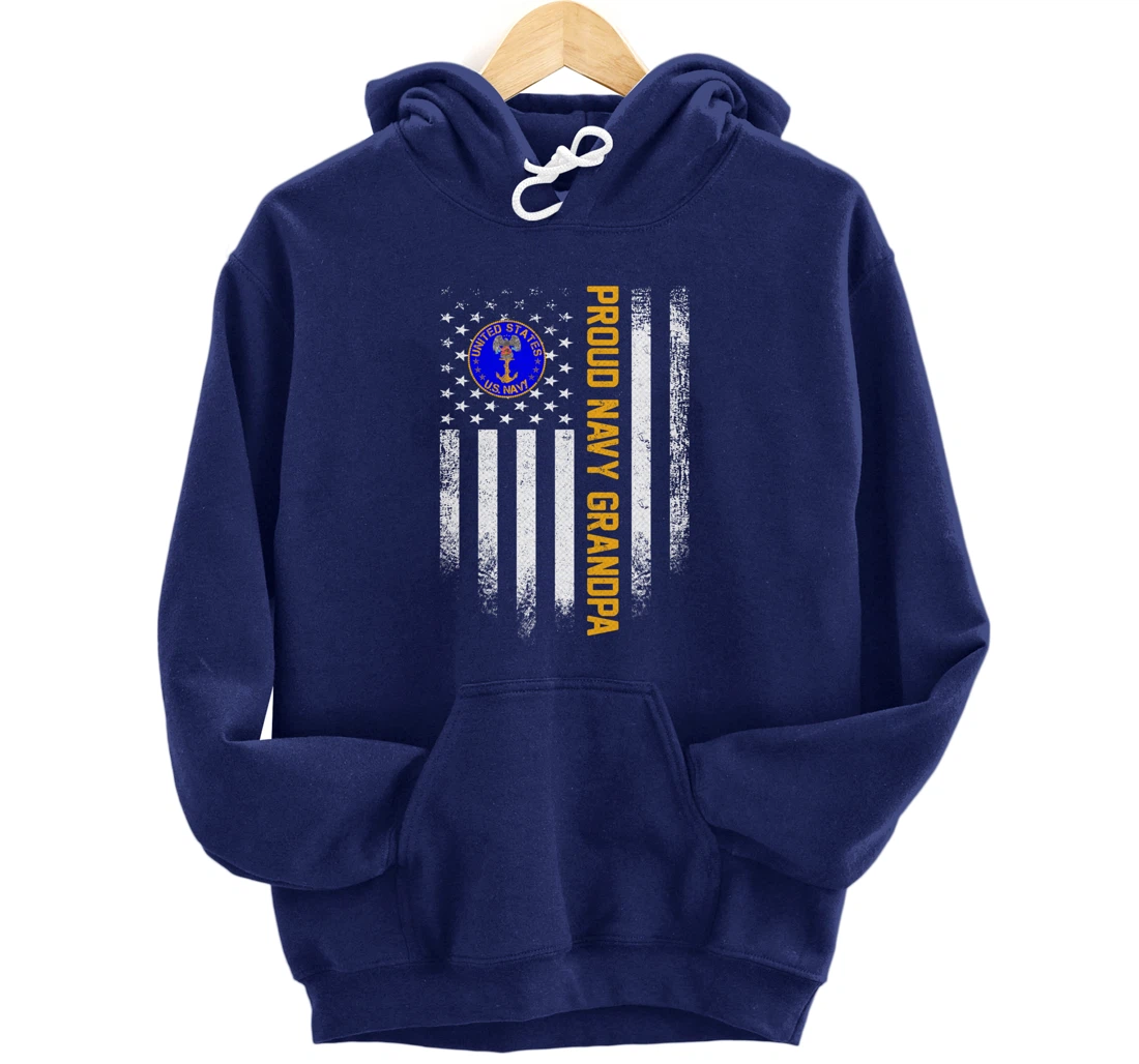 Vintage USA American Flag Proud US Navy Veteran Grandpa Gift Pullover Hoodie