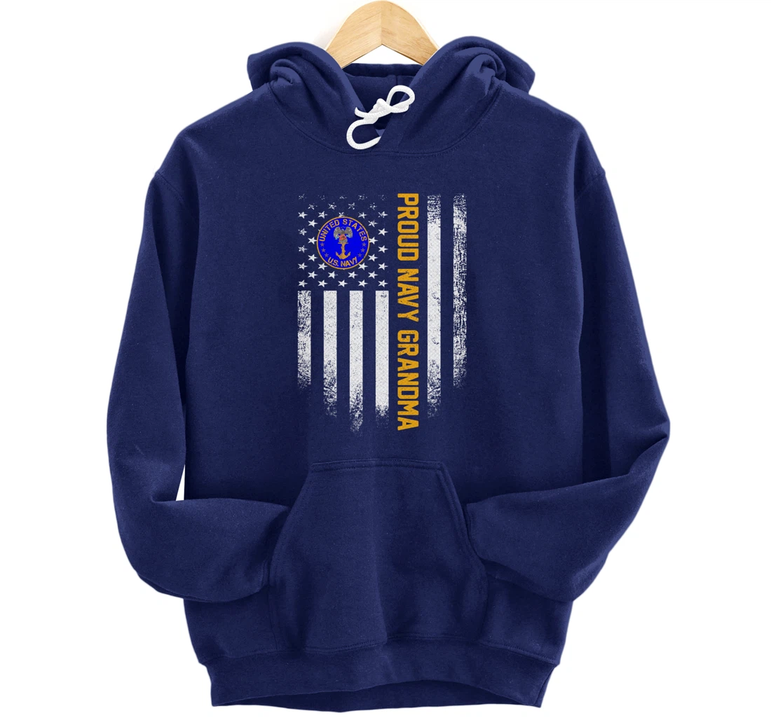 Vintage USA American Flag Proud US Navy Veteran Grandma Gift Pullover Hoodie