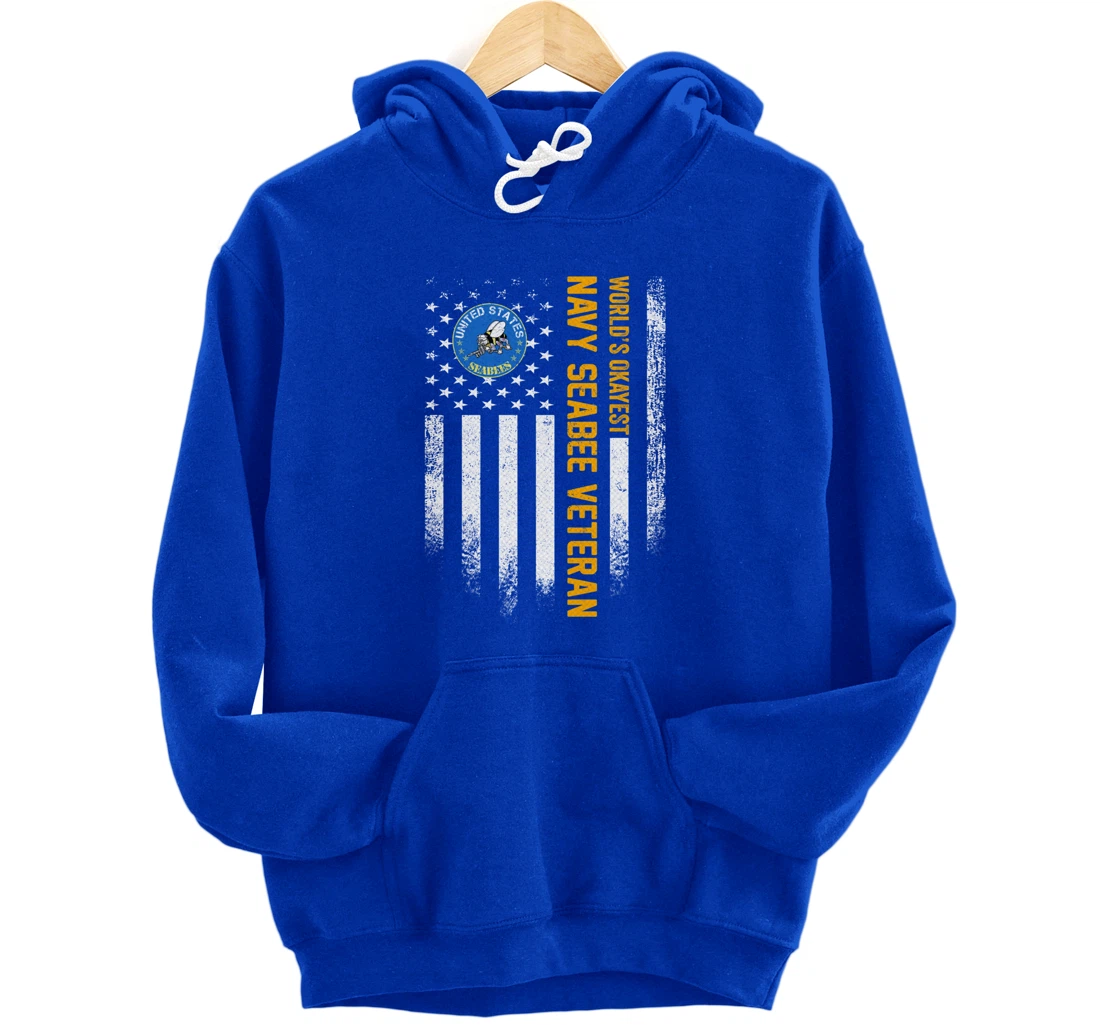 Vintage American Flag World's Okayest US Navy Seabee Veteran Pullover Hoodie