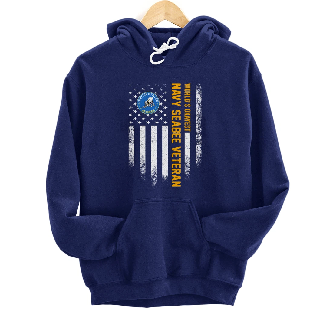 Vintage American Flag World's Okayest US Navy Seabee Veteran Pullover Hoodie