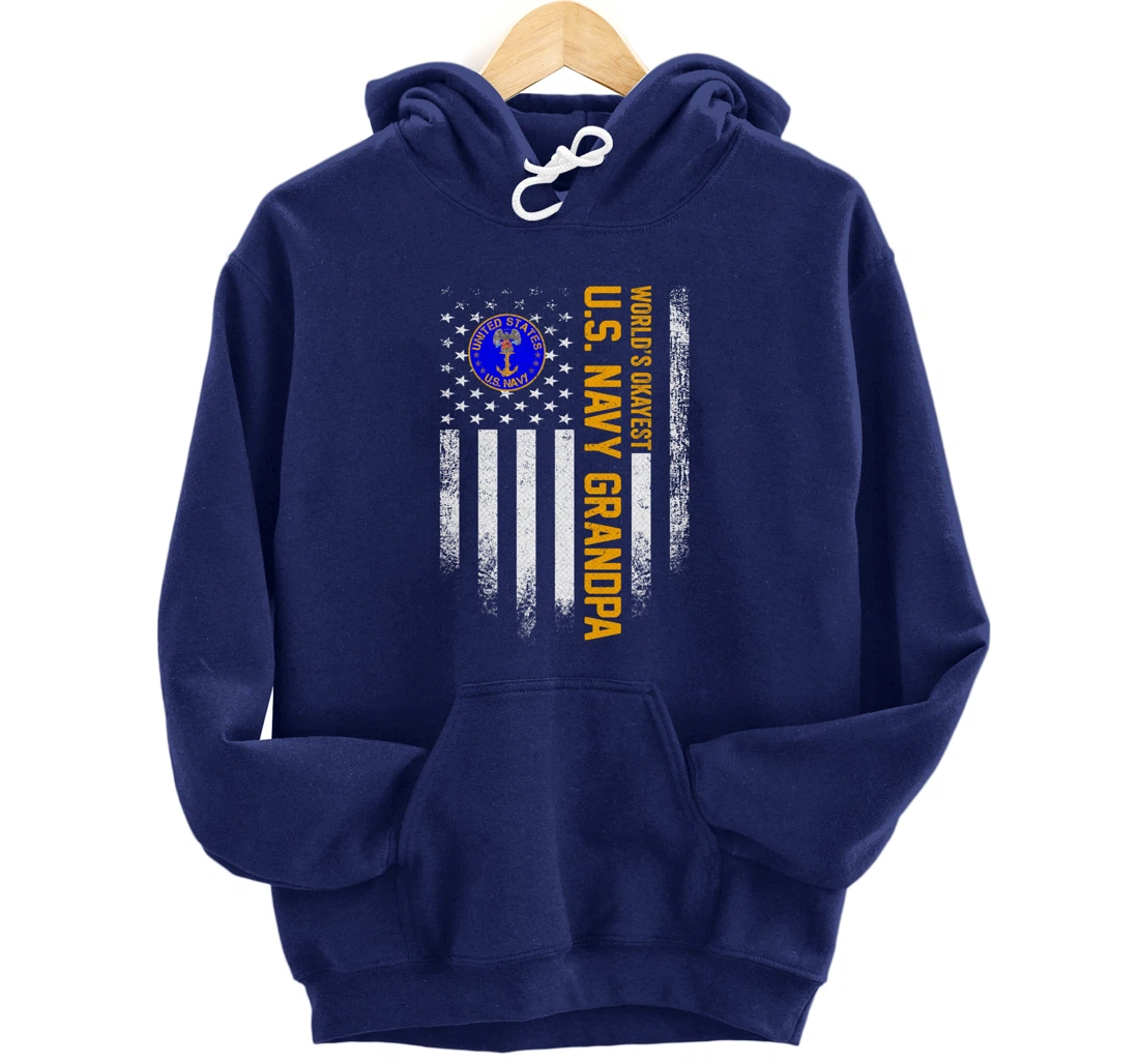 Vintage American Flag World's Okayest Navy Veteran Grandpa Pullover Hoodie