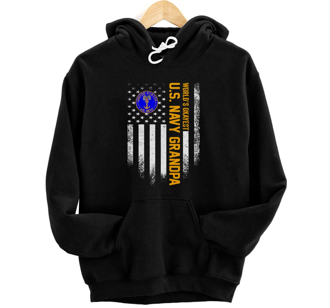 Vintage American Flag World's Okayest Navy Veteran Grandpa Pullover Hoodie