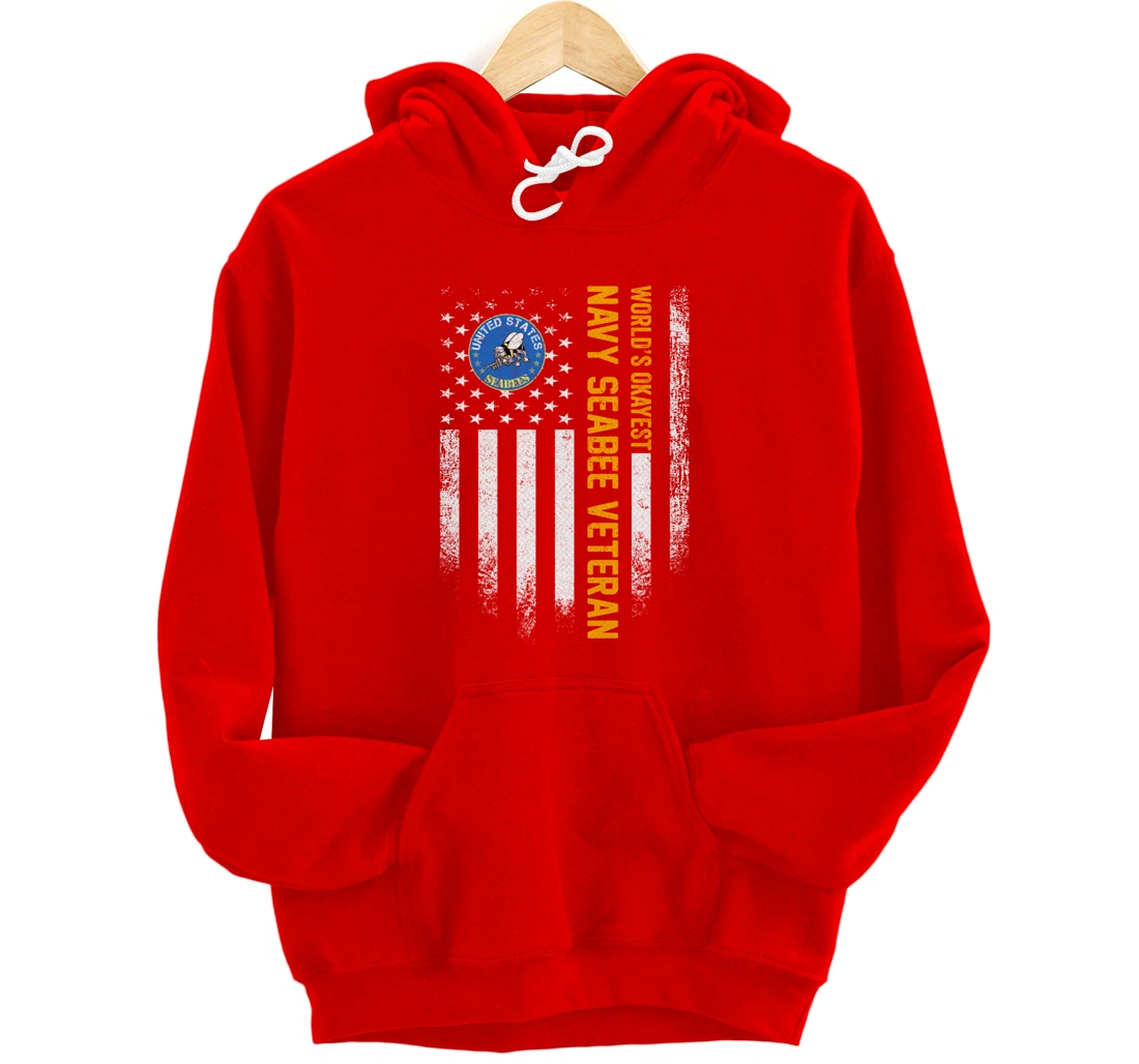 Vintage American Flag World's Okayest US Navy Seabee Veteran Pullover Hoodie