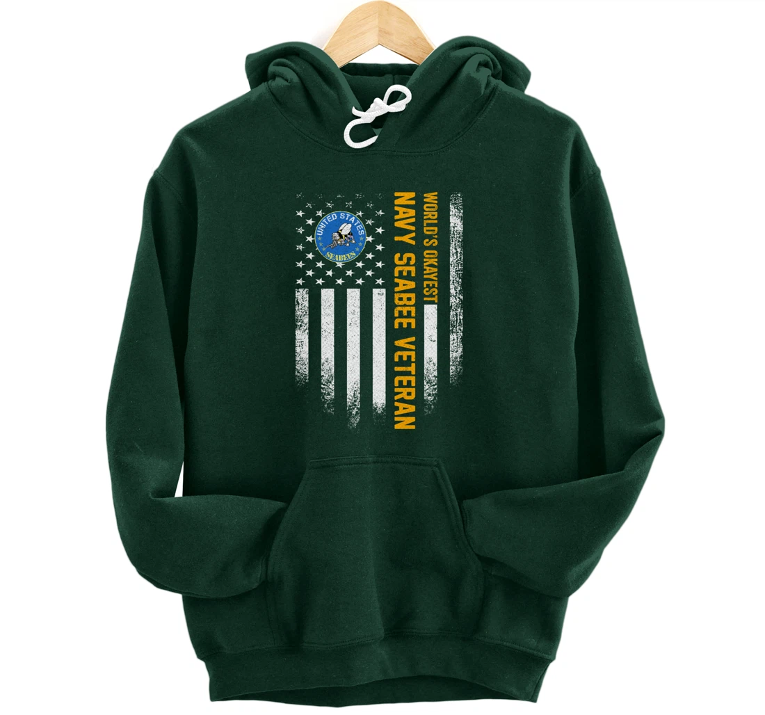 Vintage American Flag World's Okayest US Navy Seabee Veteran Pullover Hoodie