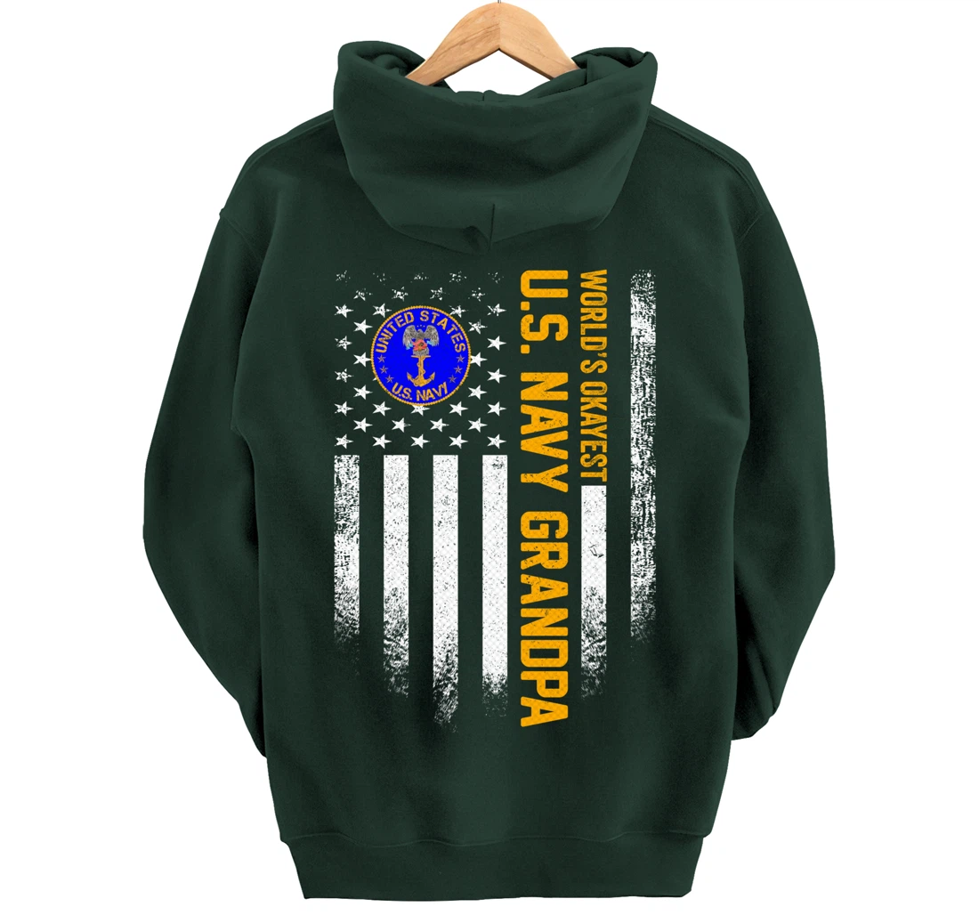Vintage American Flag World's Okayest Navy Veteran Grandpa Pullover Hoodie