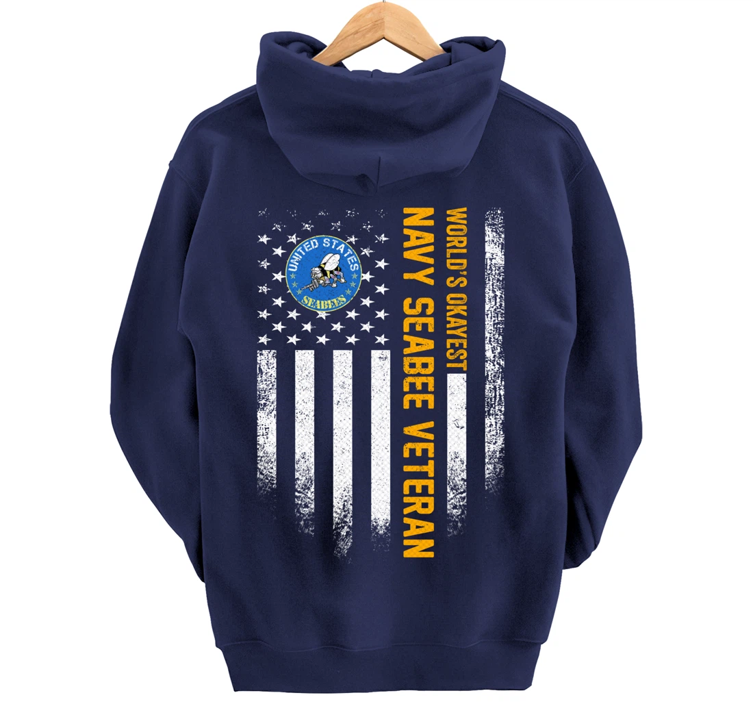 Vintage American Flag World's Okayest US Navy Seabee Veteran Pullover Hoodie