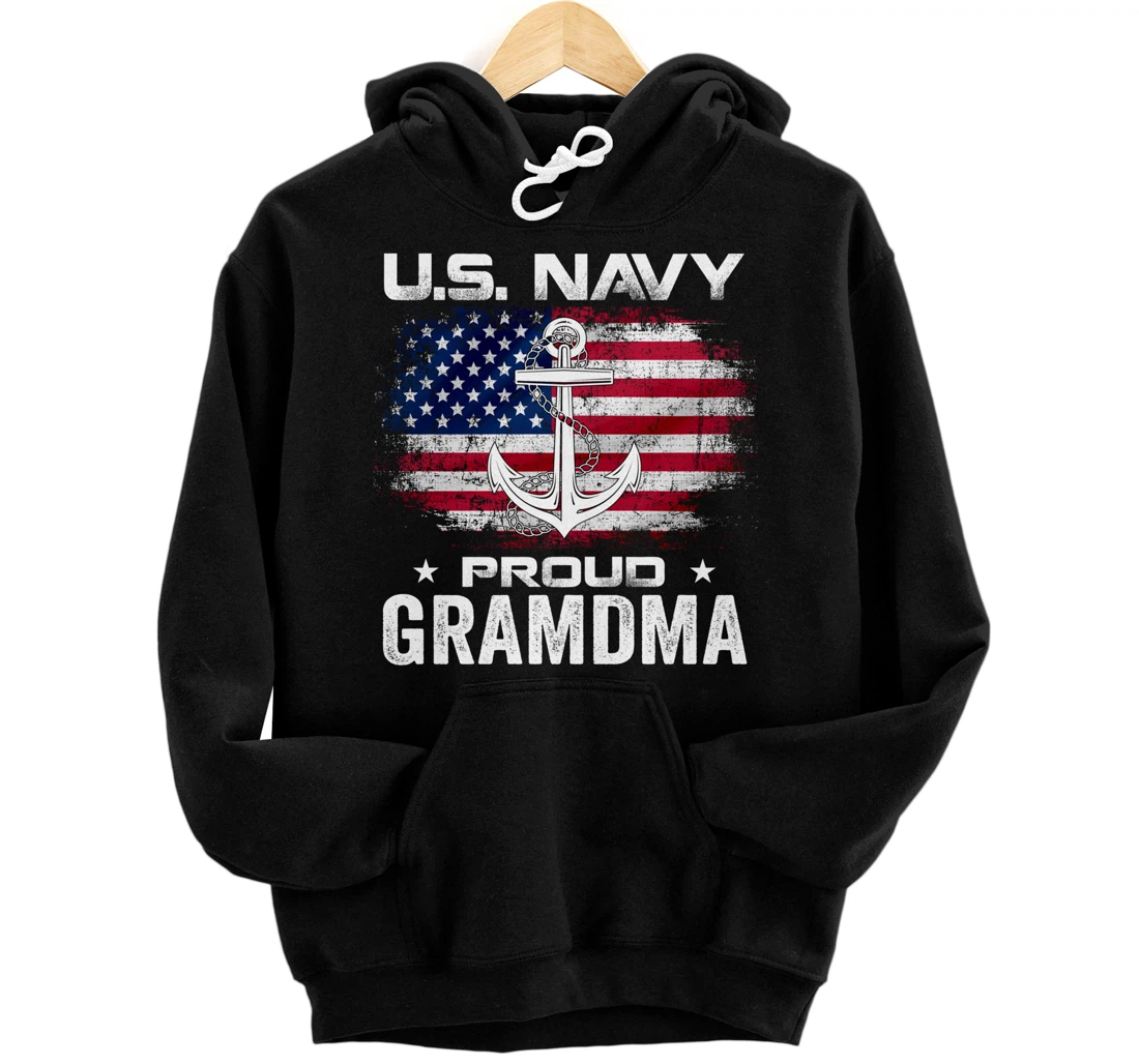 U.S Navy Proud Grandma With American Flag Gift Veteran Pullover Hoodie