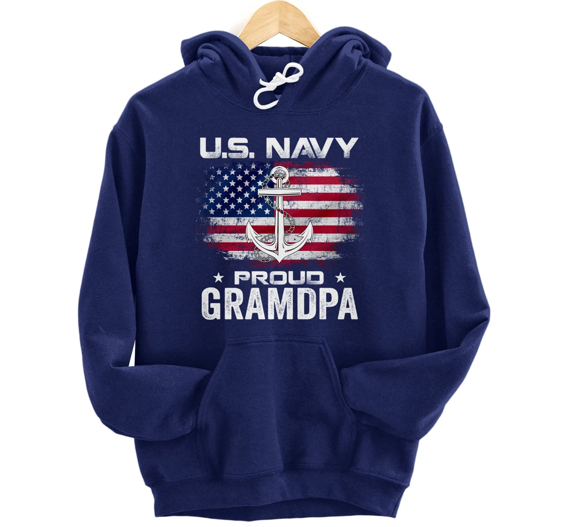 U.S Navy Proud Grandpa With American Flag Gift Veteran Pullover Hoodie