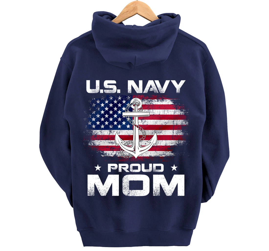 U.S Navy Proud Mom With American Flag Gift Veteran Day Pullover Hoodie