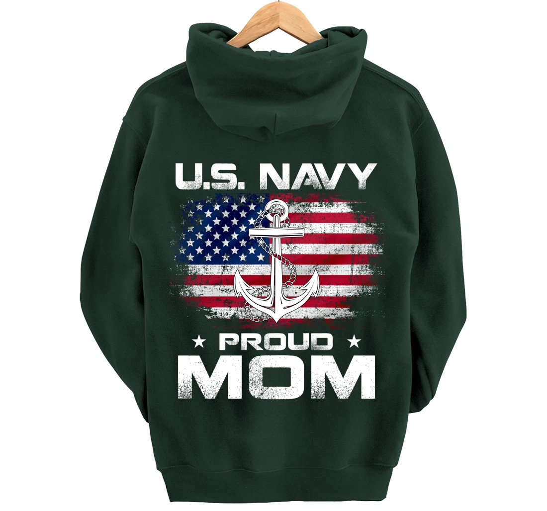 U.S Navy Proud Mom With American Flag Gift Veteran Day Pullover Hoodie