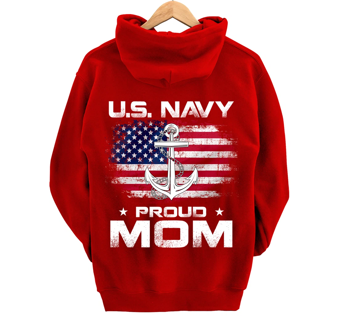 U.S Navy Proud Mom With American Flag Gift Veteran Day Pullover Hoodie