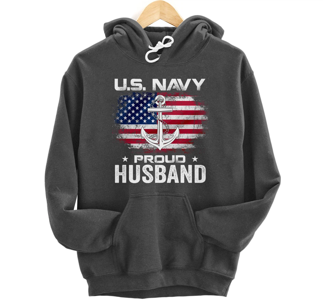 U.S Navy Proud Husband With American Flag Gift Veteran Pullover Hoodie