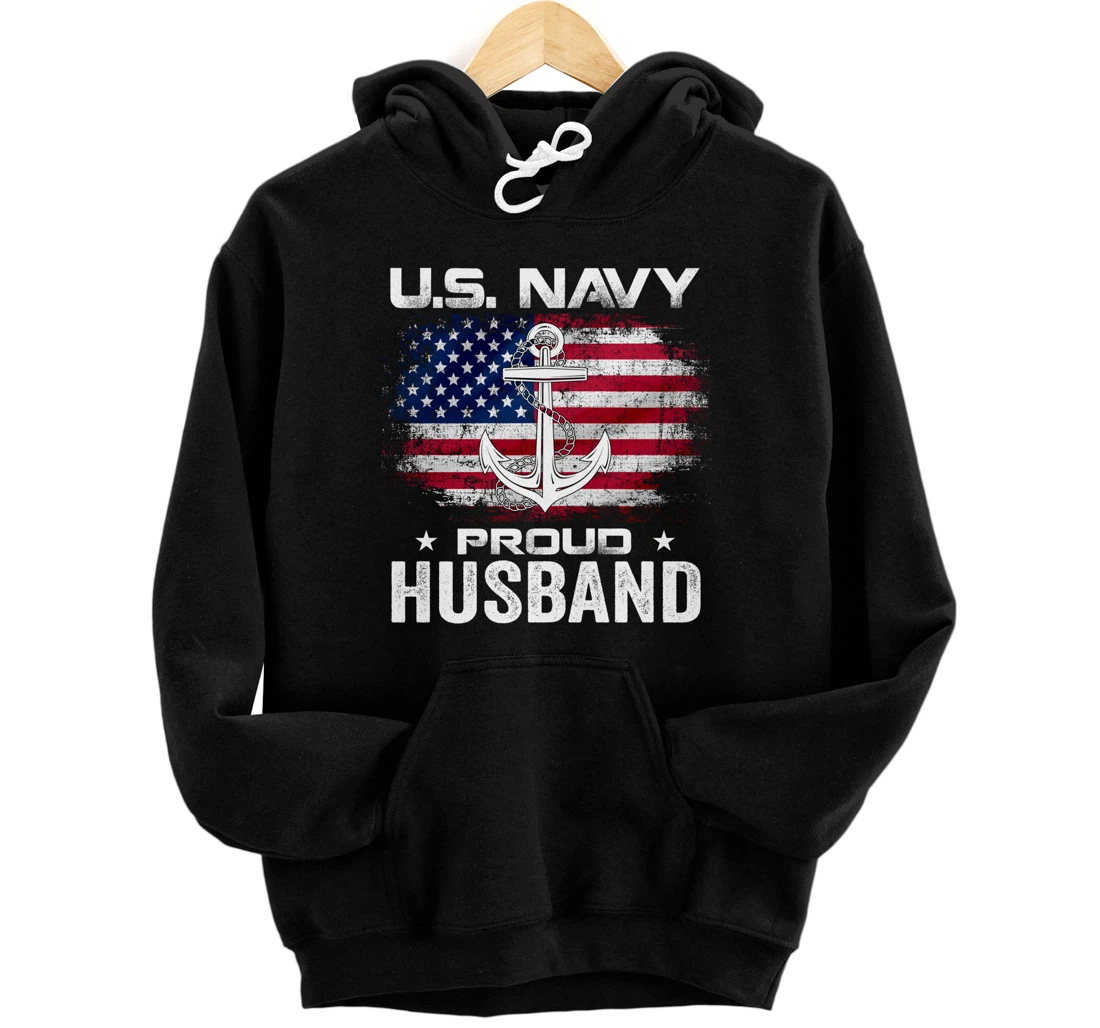 U.S Navy Proud Husband With American Flag Gift Veteran Pullover Hoodie