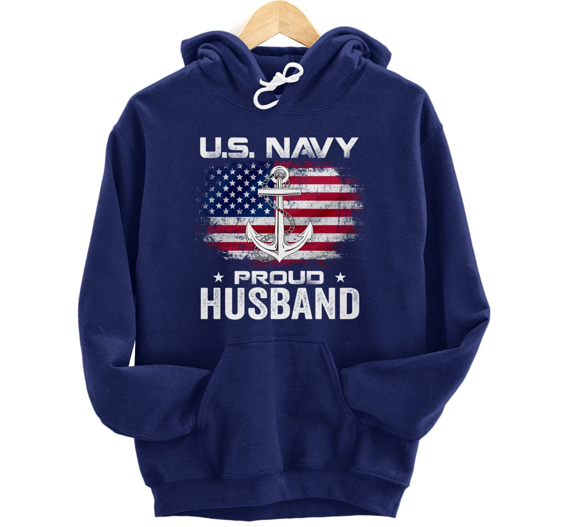 U.S Navy Proud Husband With American Flag Gift Veteran Pullover Hoodie