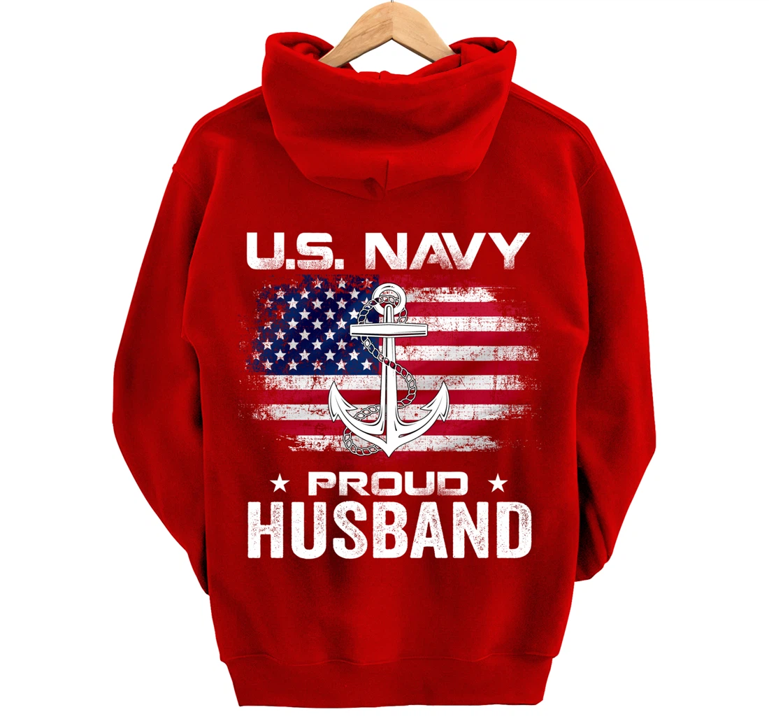 U.S Navy Proud Husband With American Flag Gift Veteran Pullover Hoodie