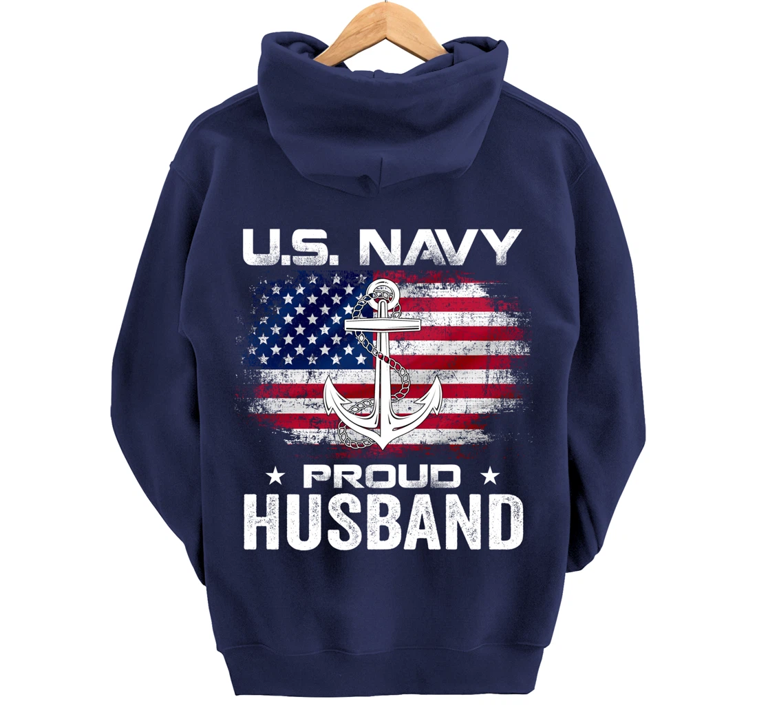 U.S Navy Proud Husband With American Flag Gift Veteran Pullover Hoodie