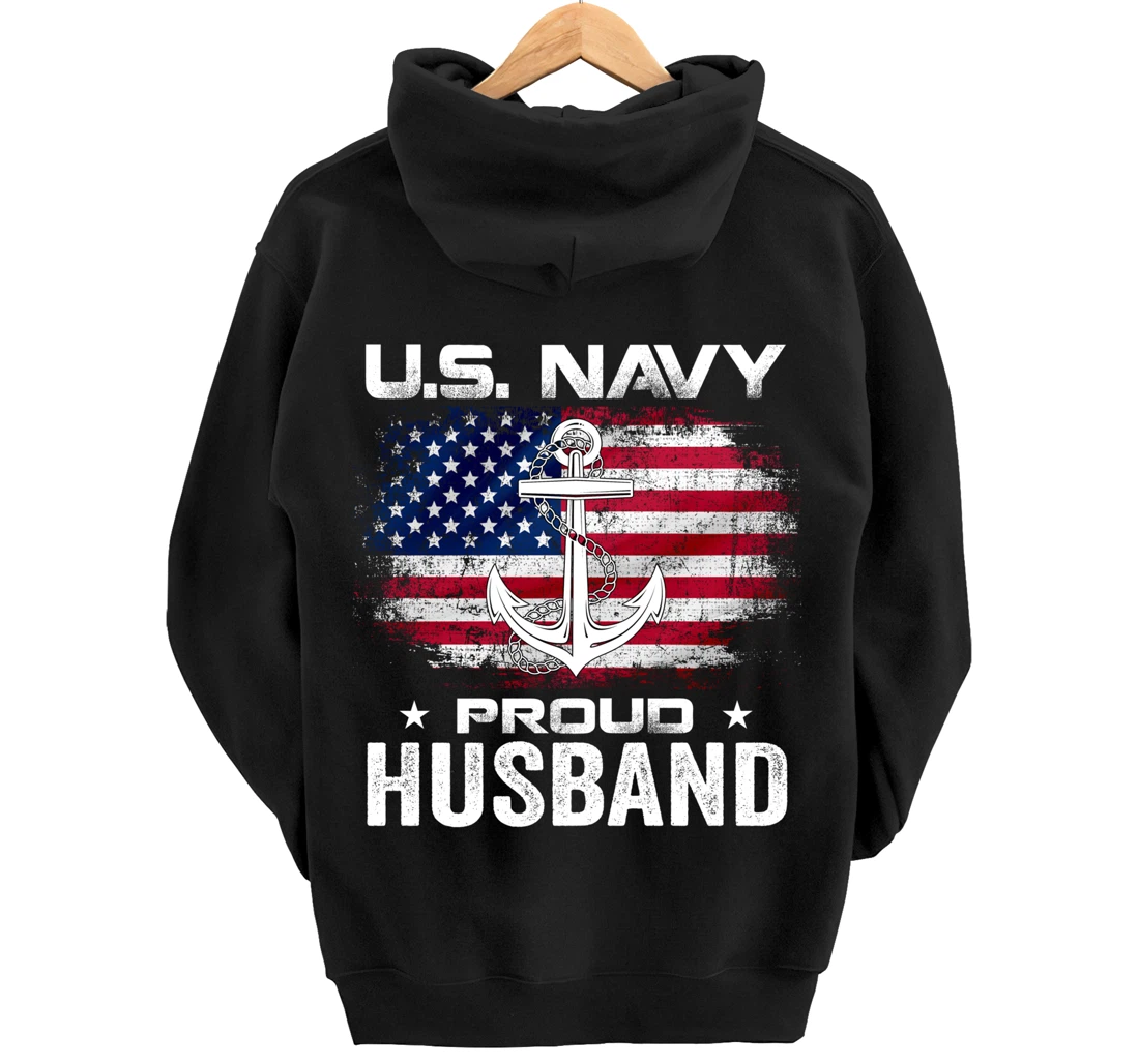 U.S Navy Proud Husband With American Flag Gift Veteran Pullover Hoodie