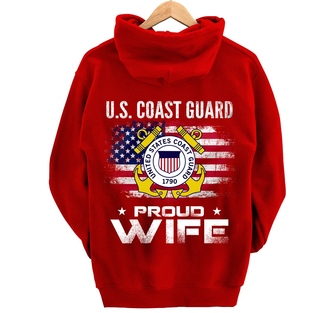 U.S Coast Guard Proud Wife With American Flag Gift Veteran Pullover Hoodie