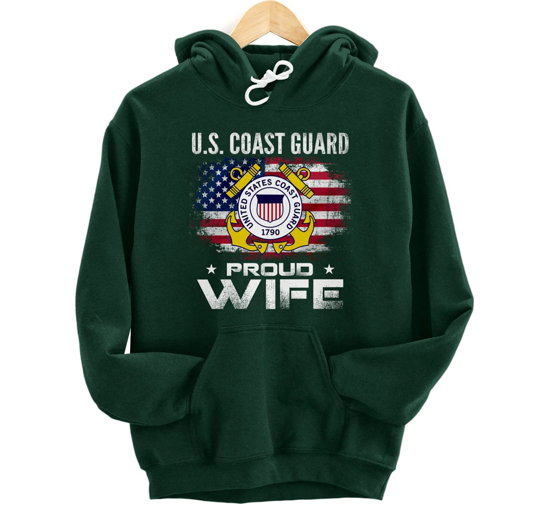 U.S Coast Guard Proud Wife With American Flag Gift Veteran Pullover Hoodie