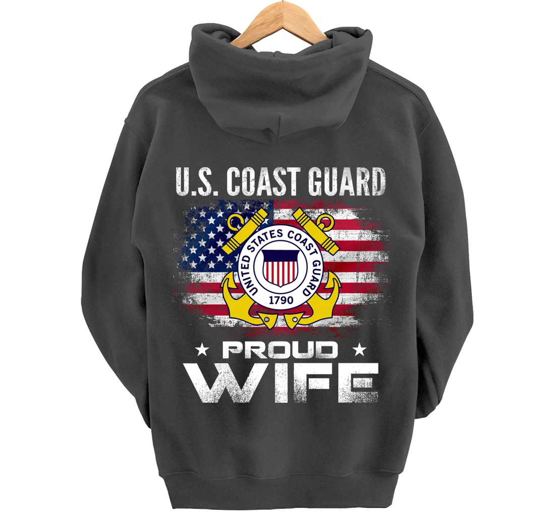 U.S Coast Guard Proud Wife With American Flag Gift Veteran Pullover Hoodie
