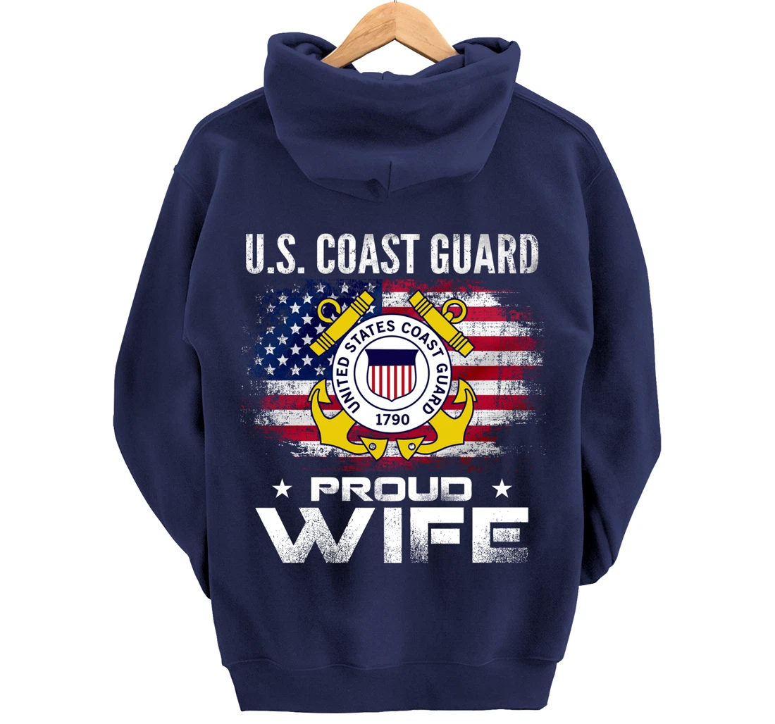 U.S Coast Guard Proud Wife With American Flag Gift Veteran Pullover Hoodie