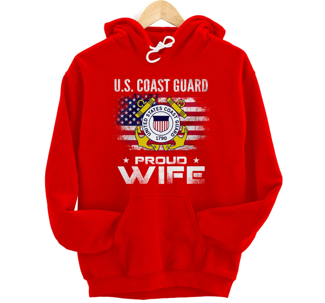 U.S Coast Guard Proud Wife With American Flag Gift Veteran Pullover Hoodie