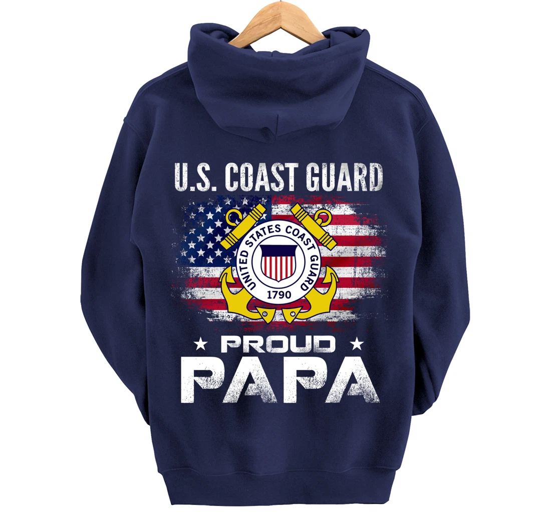 U.S Coast Guard Proud Papa With American Flag Gift Veteran Pullover Hoodie