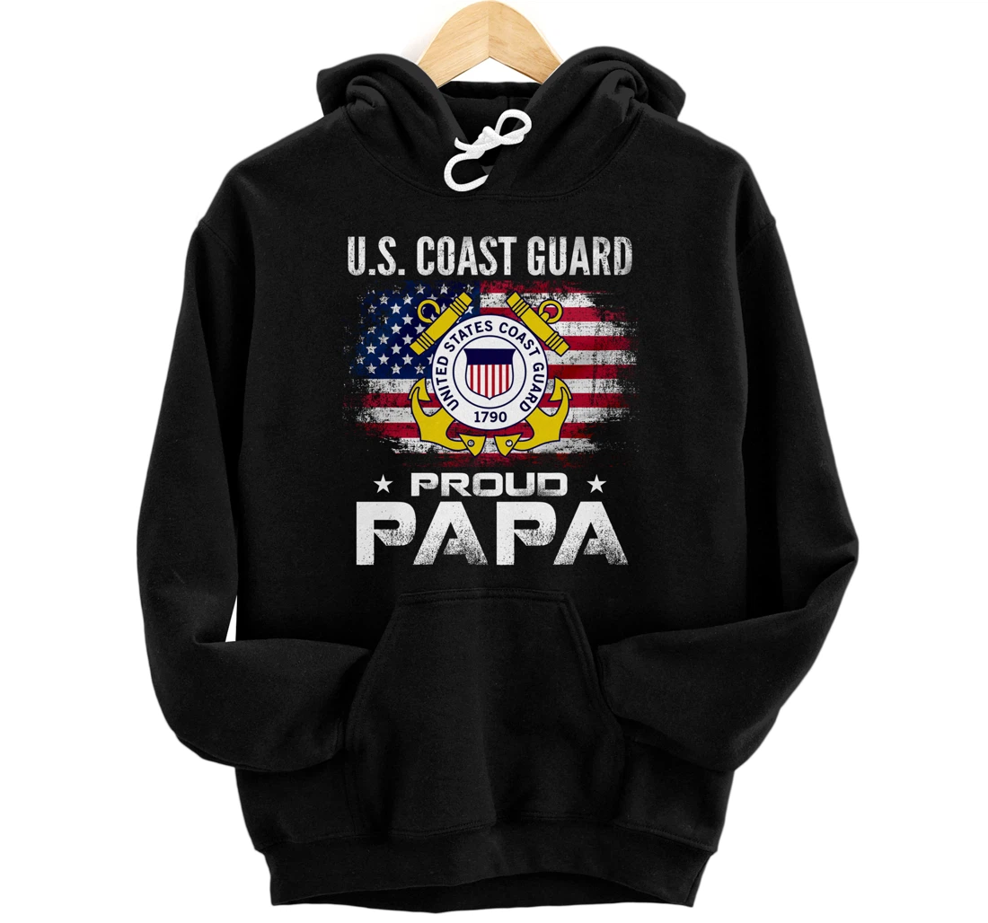 U.S Coast Guard Proud Papa With American Flag Gift Veteran Pullover Hoodie