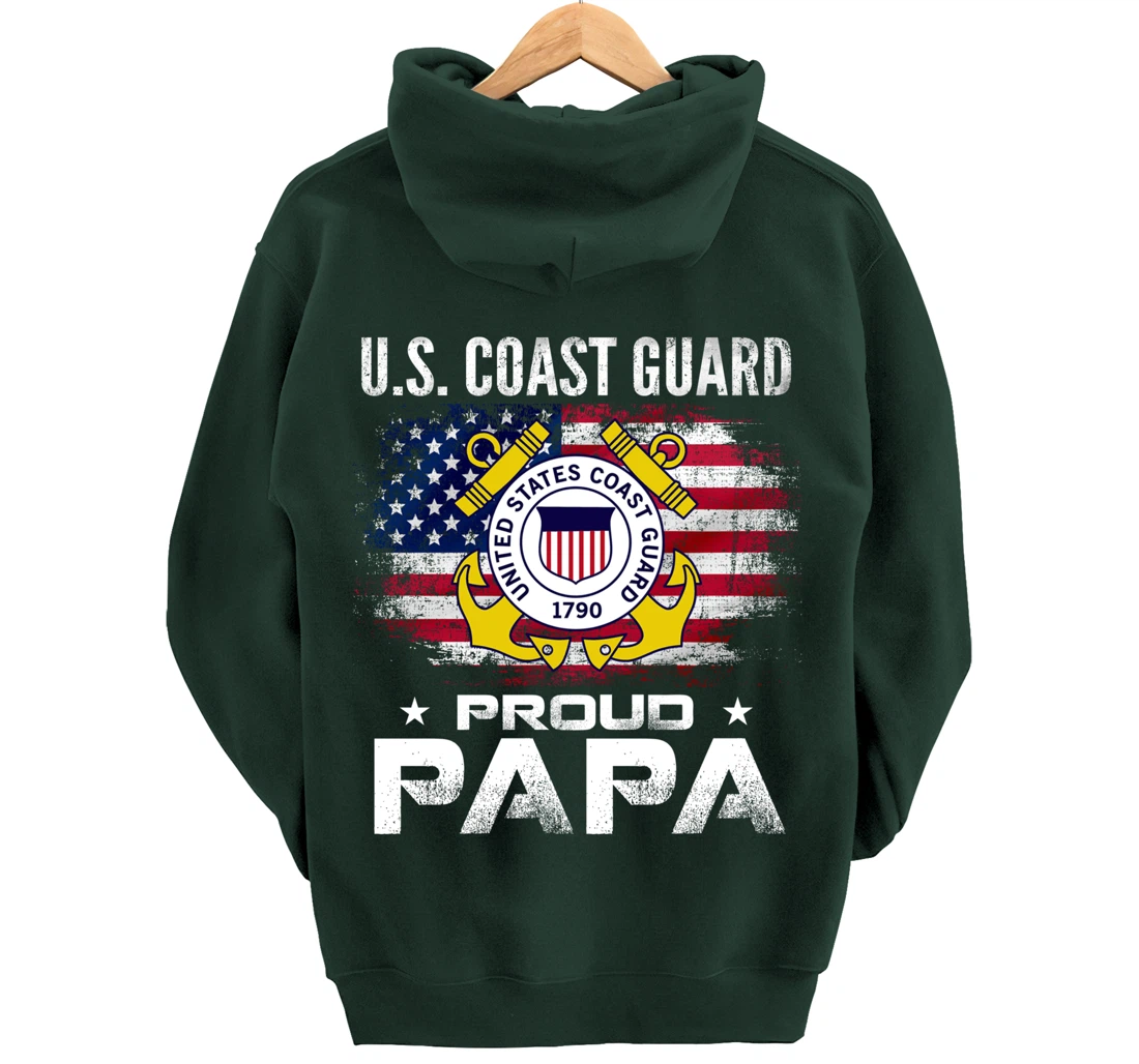 U.S Coast Guard Proud Papa With American Flag Gift Veteran Pullover Hoodie