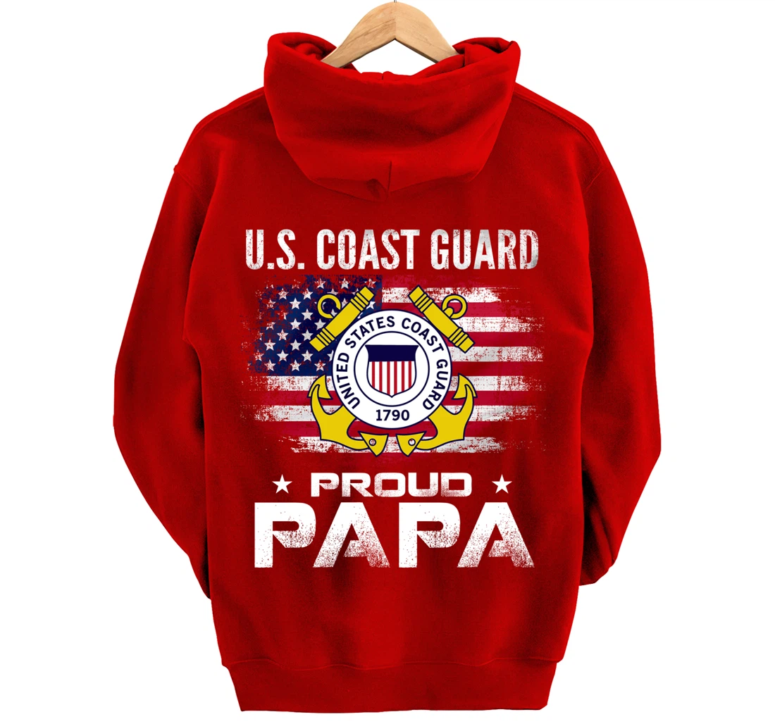 U.S Coast Guard Proud Papa With American Flag Gift Veteran Pullover Hoodie