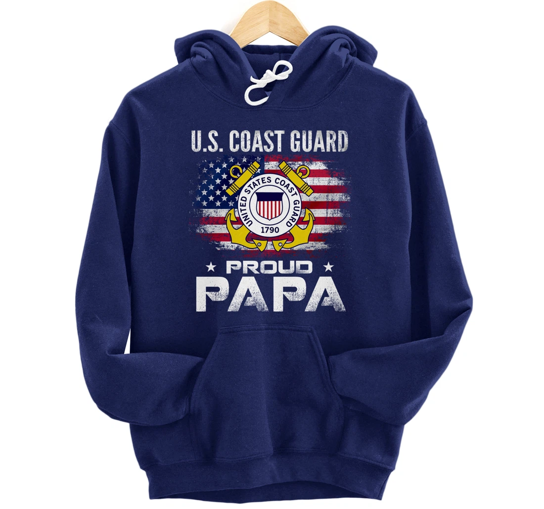 U.S Coast Guard Proud Papa With American Flag Gift Veteran Pullover Hoodie