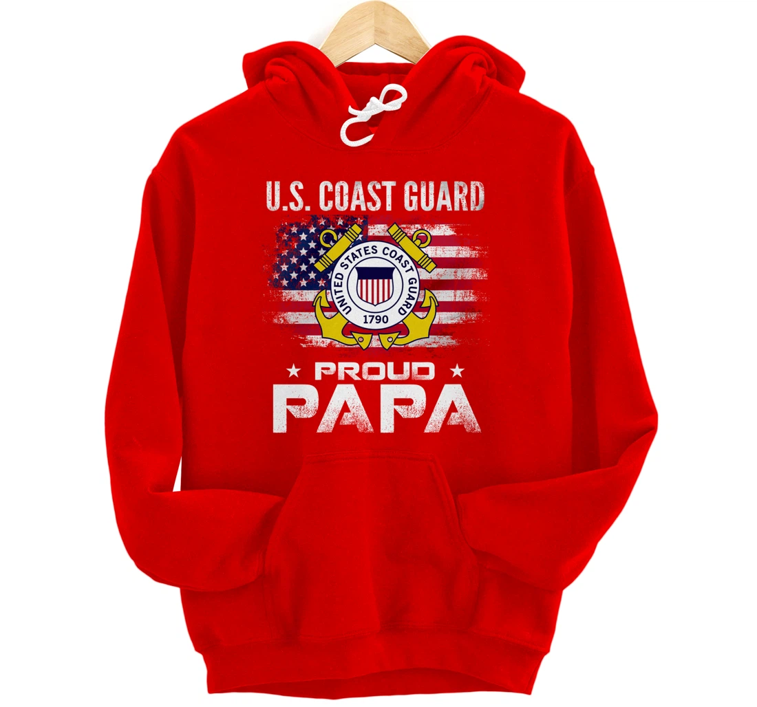 U.S Coast Guard Proud Papa With American Flag Gift Veteran Pullover Hoodie