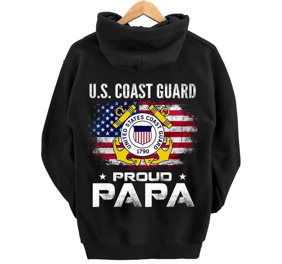 U.S Coast Guard Proud Papa With American Flag Gift Veteran Pullover Hoodie