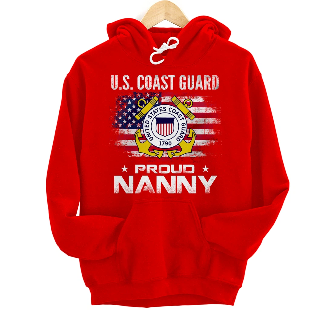 U.S Coast Guard Proud Nanny With American Flag Gift Veteran Pullover Hoodie