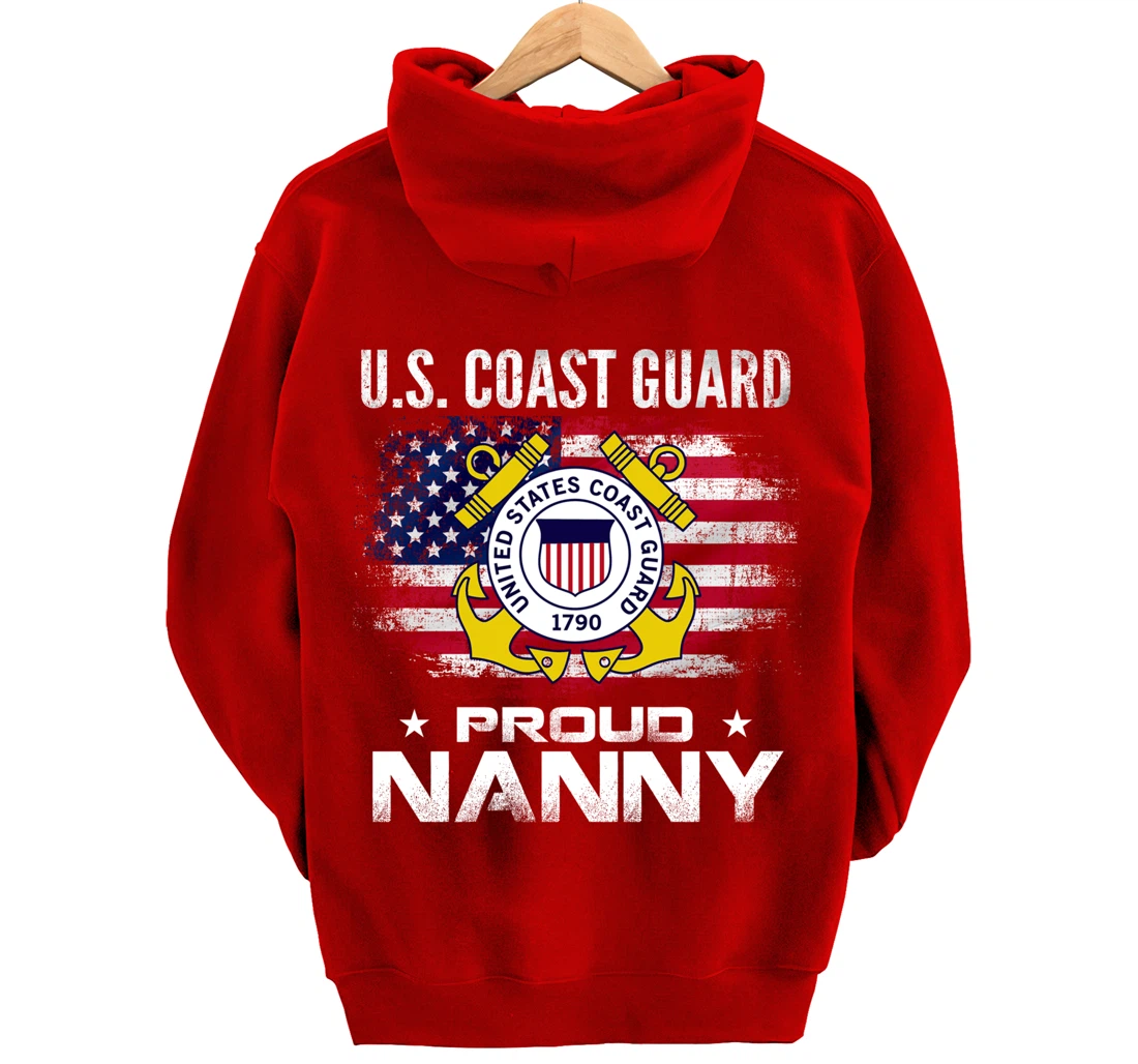 U.S Coast Guard Proud Nanny With American Flag Gift Veteran Pullover Hoodie