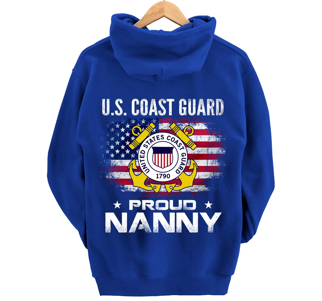 U.S Coast Guard Proud Nanny With American Flag Gift Veteran Pullover Hoodie