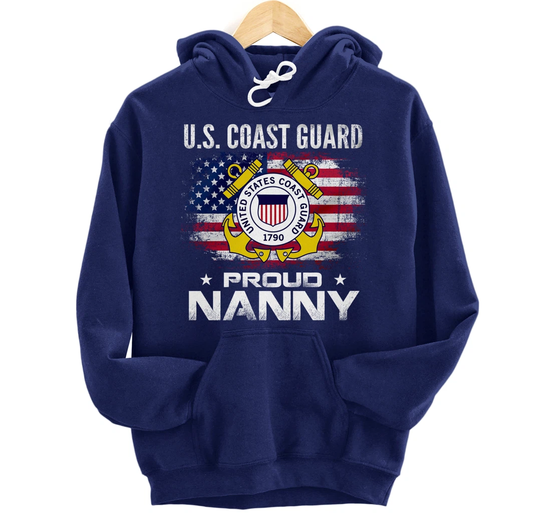 U.S Coast Guard Proud Nanny With American Flag Gift Veteran Pullover Hoodie