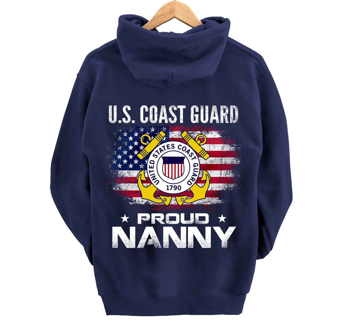 U.S Coast Guard Proud Nanny With American Flag Gift Veteran Pullover Hoodie