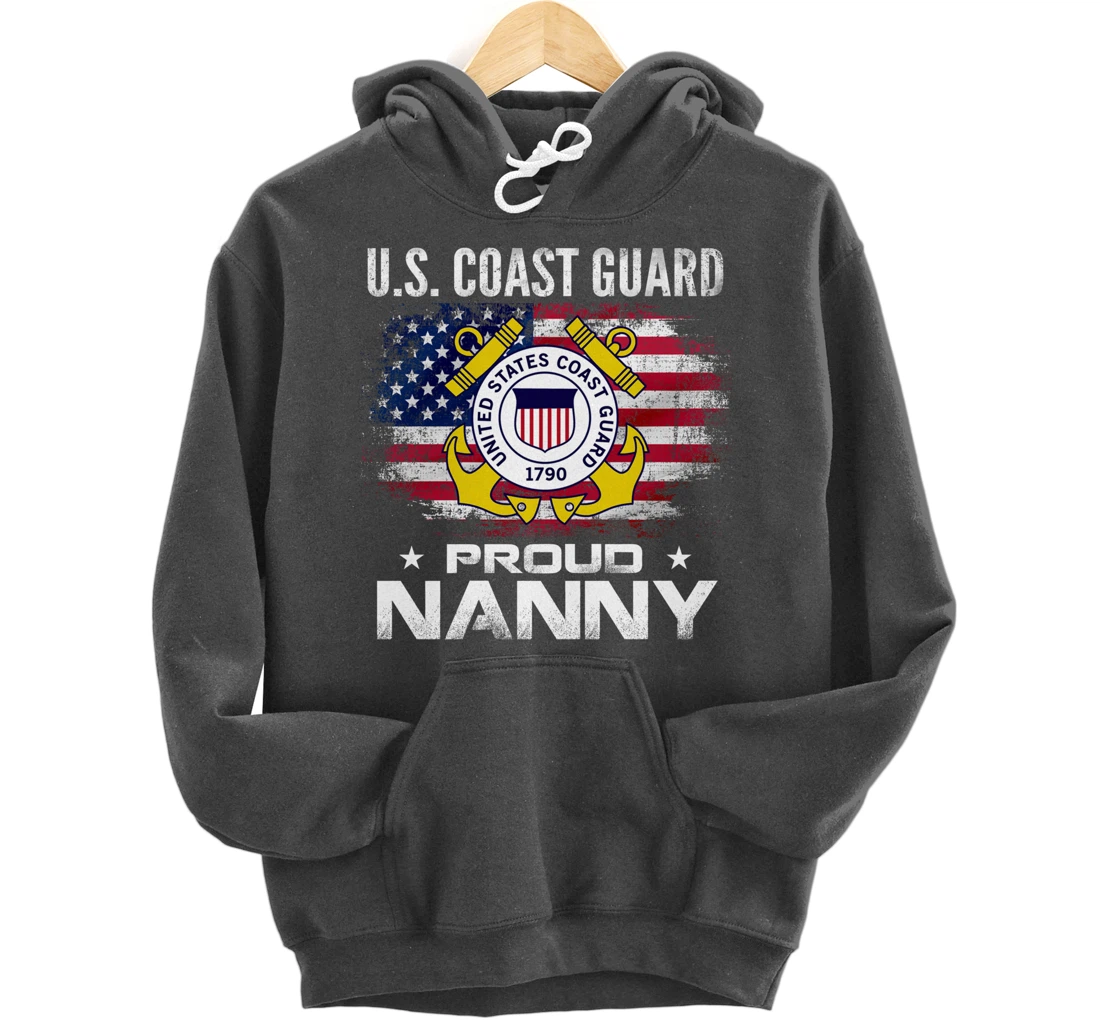 U.S Coast Guard Proud Nanny With American Flag Gift Veteran Pullover Hoodie