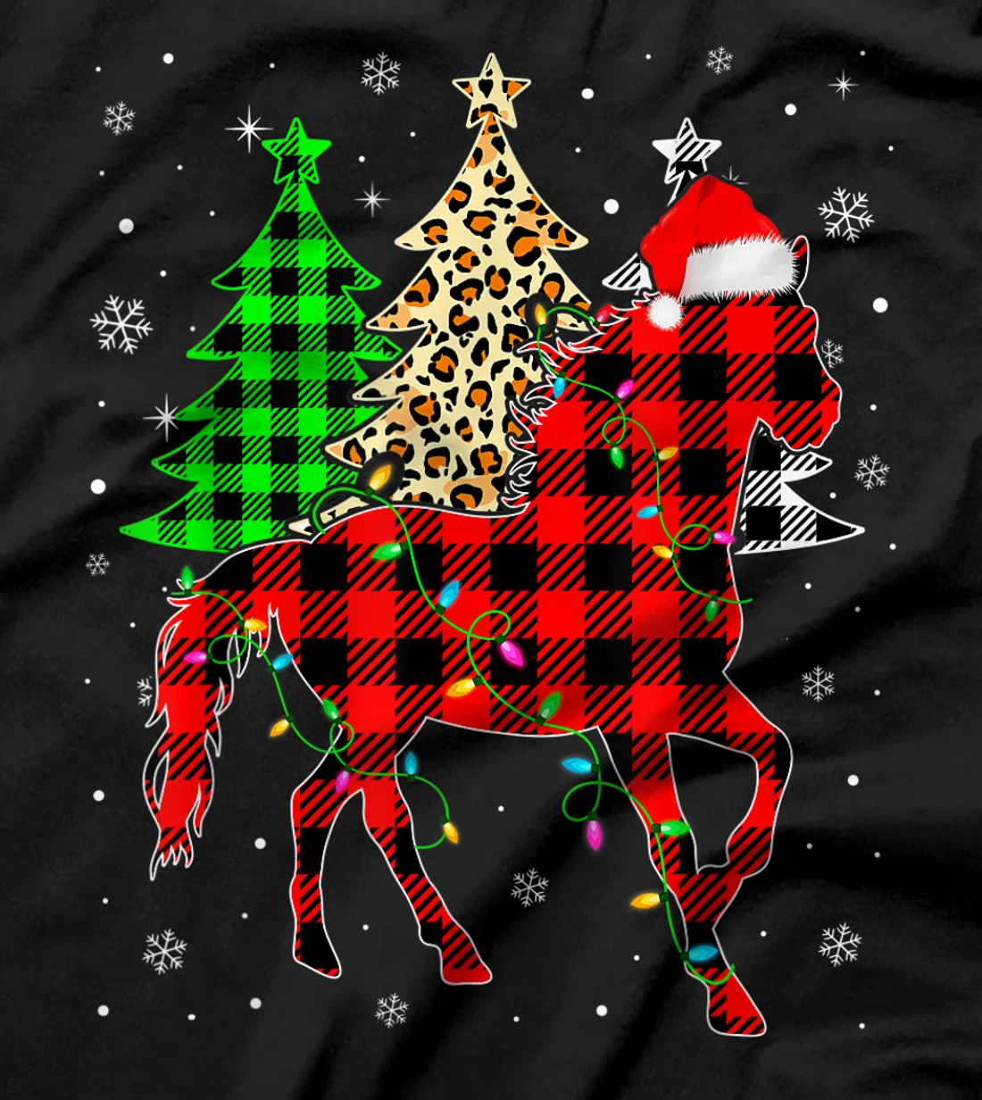 Cute Horse Santa Hat Christmas Tree Lights Xmas Plaid T-Shirt, Kid T-Shirt and Women T-Shirt