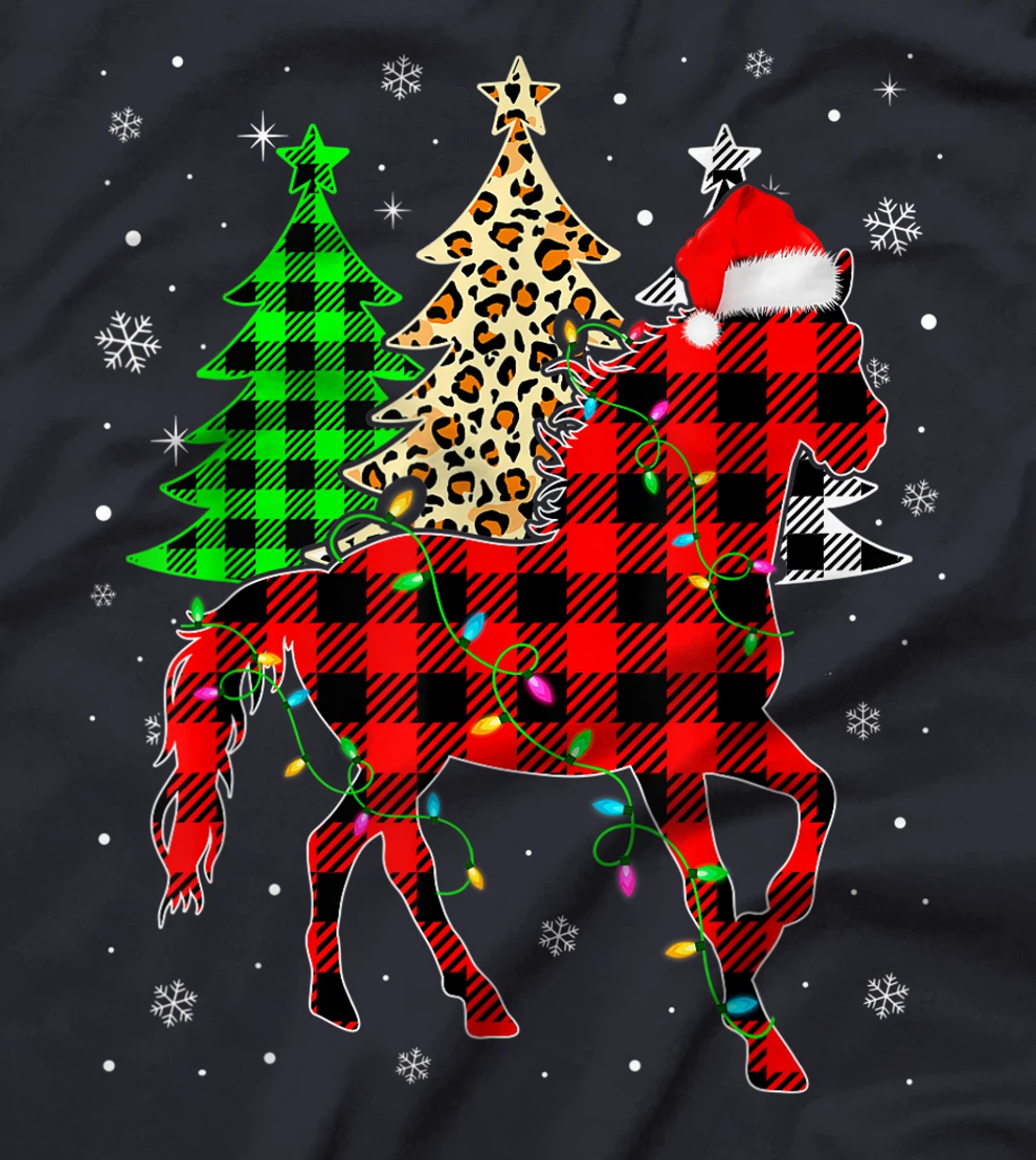 Cute Horse Santa Hat Christmas Tree Lights Xmas Plaid T-Shirt, Kid T-Shirt and Women T-Shirt