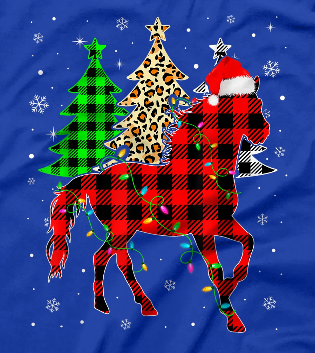 Cute Horse Santa Hat Christmas Tree Lights Xmas Plaid T-Shirt, Kid T-Shirt and Women T-Shirt