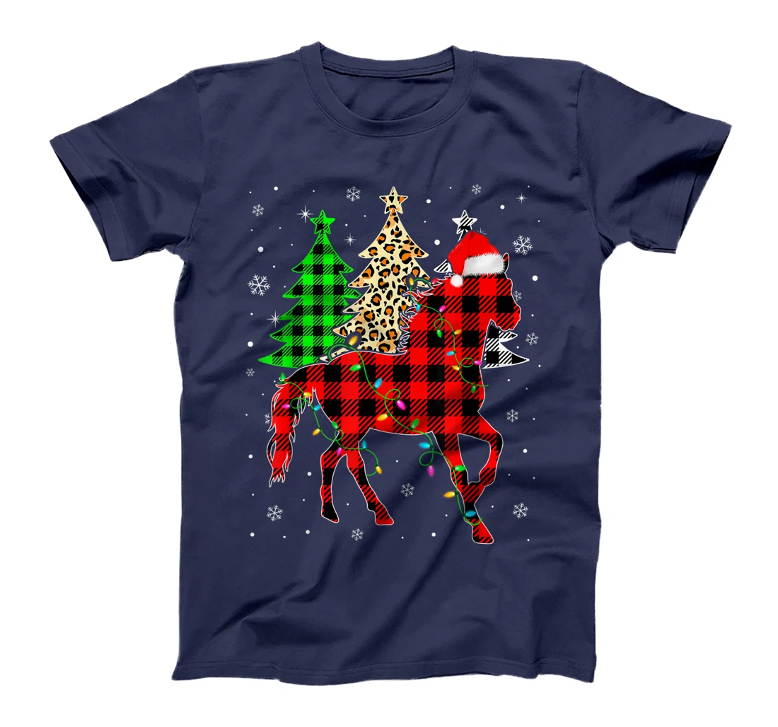 Cute Horse Santa Hat Christmas Tree Lights Xmas Plaid T-Shirt, Kid T-Shirt and Women T-Shirt