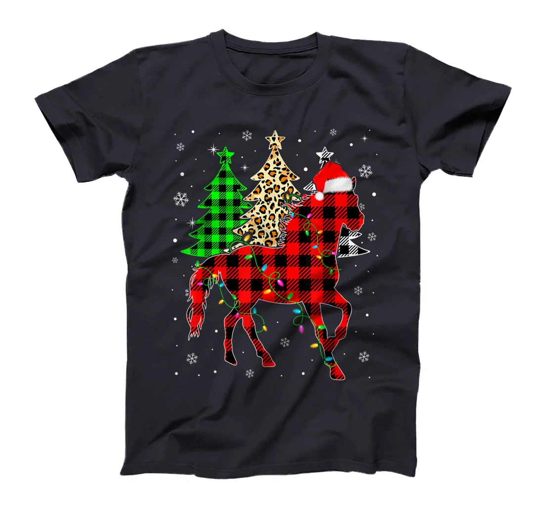 Cute Horse Santa Hat Christmas Tree Lights Xmas Plaid T-Shirt, Kid T-Shirt and Women T-Shirt