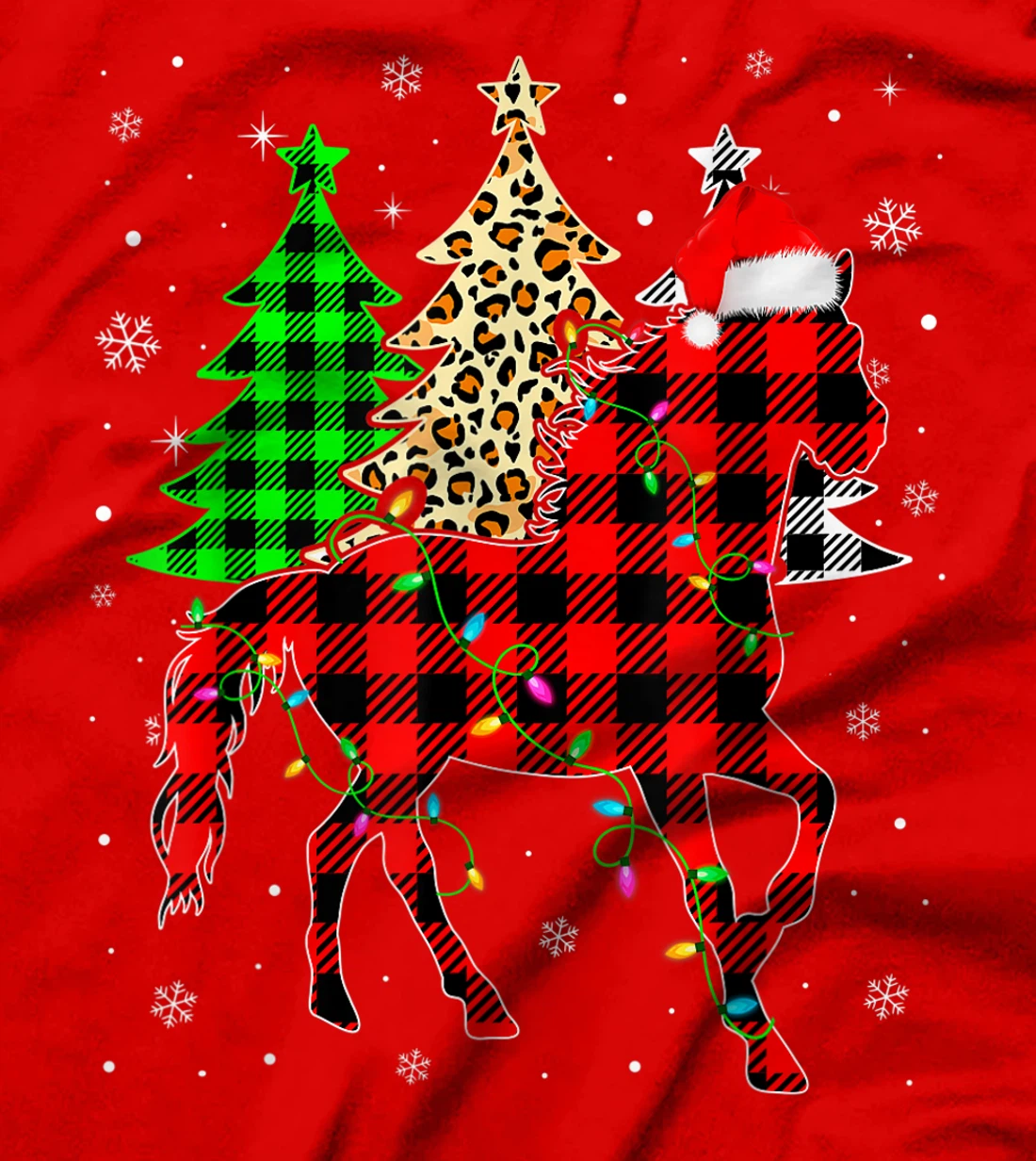 Cute Horse Santa Hat Christmas Tree Lights Xmas Plaid T-Shirt, Kid T-Shirt and Women T-Shirt