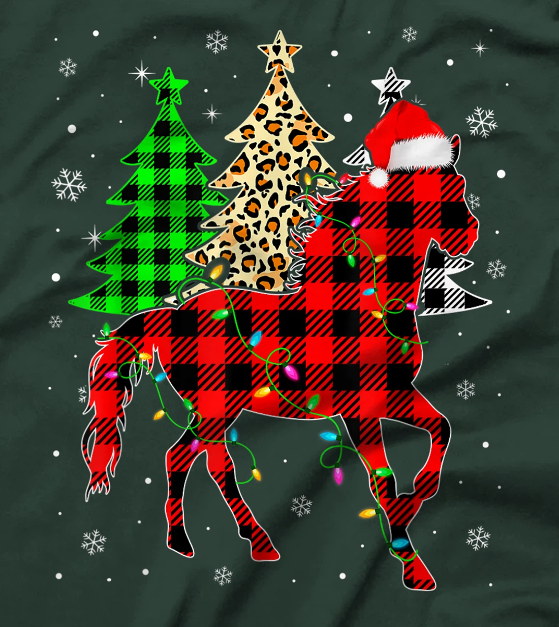 Cute Horse Santa Hat Christmas Tree Lights Xmas Plaid T-Shirt, Kid T-Shirt and Women T-Shirt