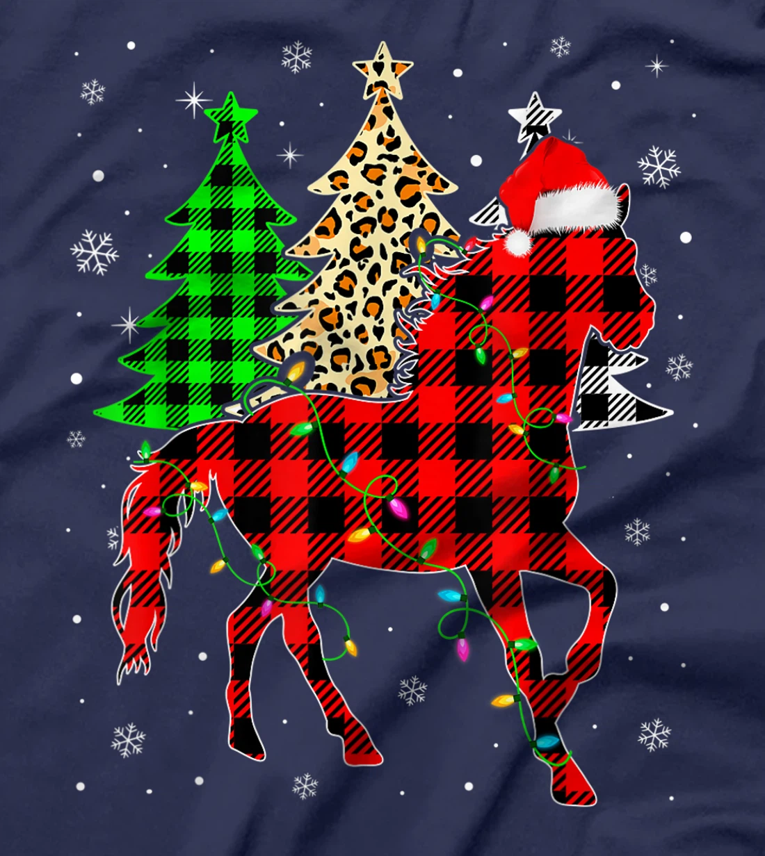 Cute Horse Santa Hat Christmas Tree Lights Xmas Plaid T-Shirt, Kid T-Shirt and Women T-Shirt