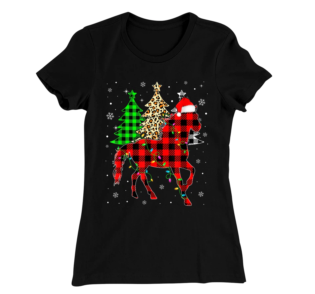 Cute Horse Santa Hat Christmas Tree Lights Xmas Plaid T-Shirt, Kid T-Shirt and Women T-Shirt